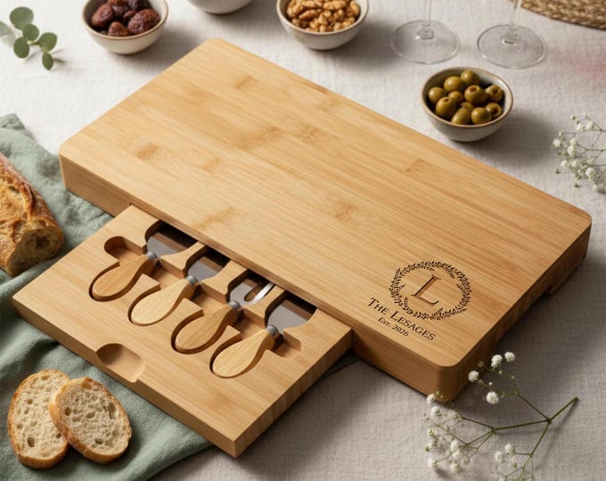 Personalized Bamboo Cheese Board and Knife Set - Custom Engraved Charcuterie Serving Tray - Wedding, Housewarming Gift, Christmas Gift