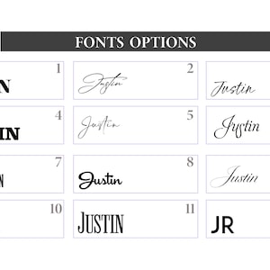 以下が含まれることがあります： テキストのフォントオプションを示す画像。上部に「FONTS OPTIONS」の文字。12種類の異なるフォントスタイルが表示され、それぞれ「Justin」という名前または「JR」のイニシャルが使用されており、カスタマイズに使用できます。