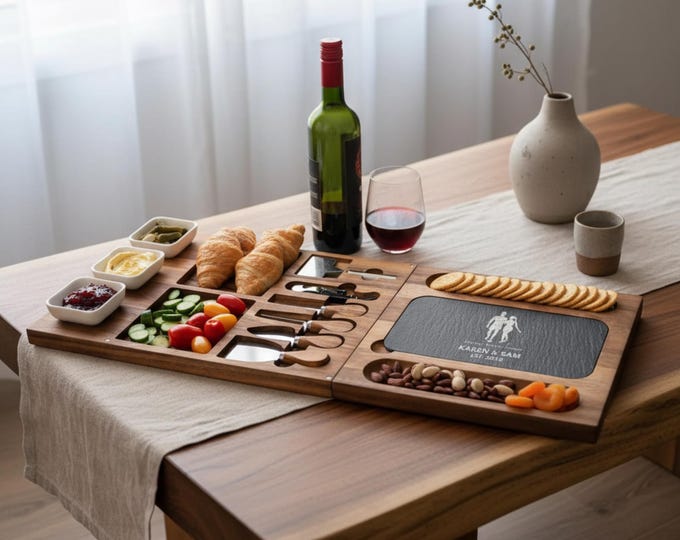 Personalized Acacia Wood Charcuterie Board Set: Engraved Athletic Couple Design
