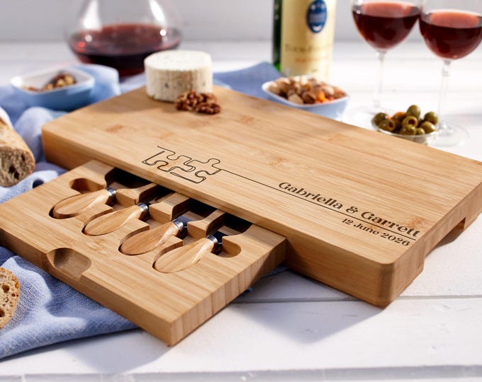 Personalized Charcuterie Board – Puzzle Pieces: Custom Engraved Bamboo Chutting & Serving Board, Housewarming, Engagement, Couple Gift