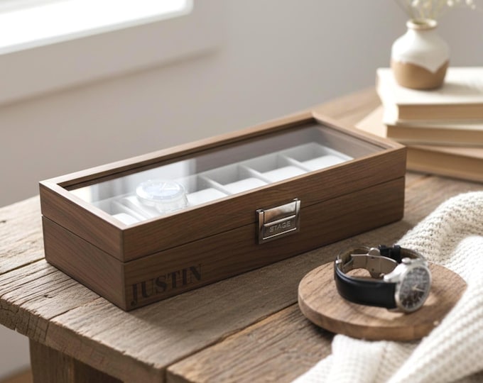 Personalized Watch Box - Custom Engraved 6-Watch veneered walnut Case for Men, Watch Storage, Ideal Gift for Him, Husband, Christmas Gift
