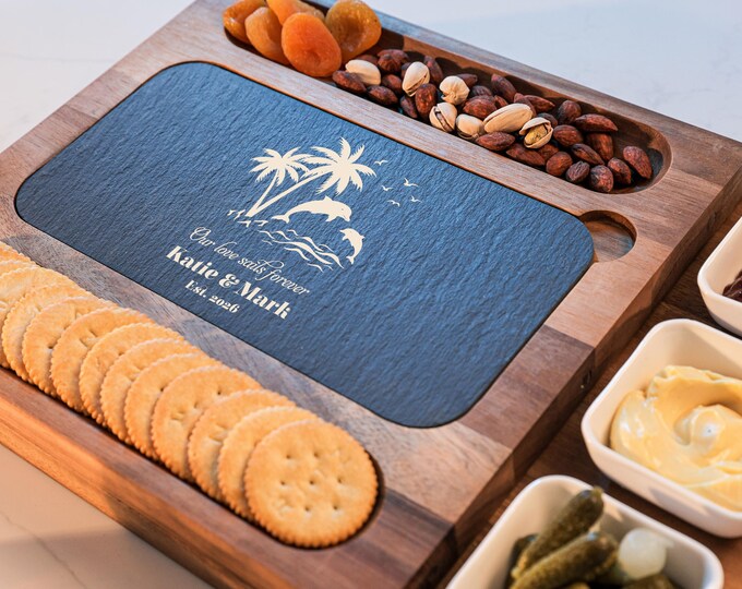 Personalized Charcuterie Set - Custom Engraved Cutting Board: Ocean themed, Nautical, Coastal Kitchen, Beach, Palm Trees, Dolphins Gift