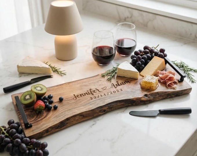 Personalized Live Edge Serving Tray with Handles - Custom-Engraved Wedding Anniversary Platter - Gift for the couple