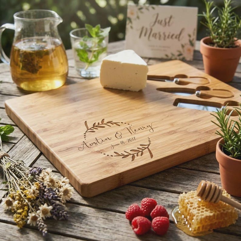 Personalized Bamboo Cheese Board Set, Custom Engraved Charcuterie Platter, Wedding gift image 3