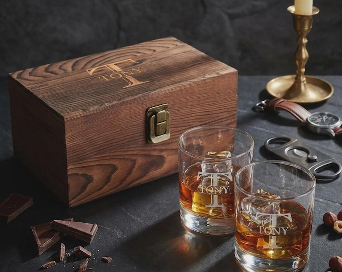 Personalized Whiskey Glass Set of 2, Custom Engraved Wood Box, Father's Day Gift for Men