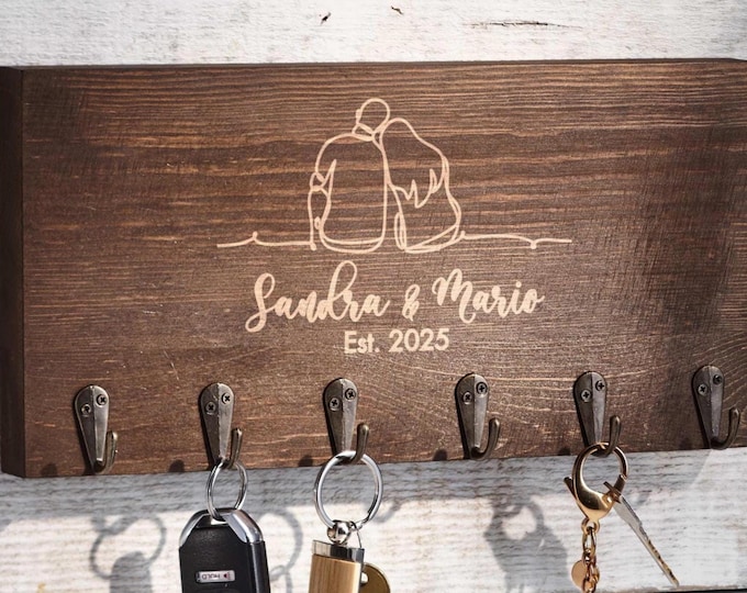 Personalized Key Hanger For Wall – Lovers: Custom Engraved Key Holder for Rustic Home Decor, Housewarming and Couples Gift