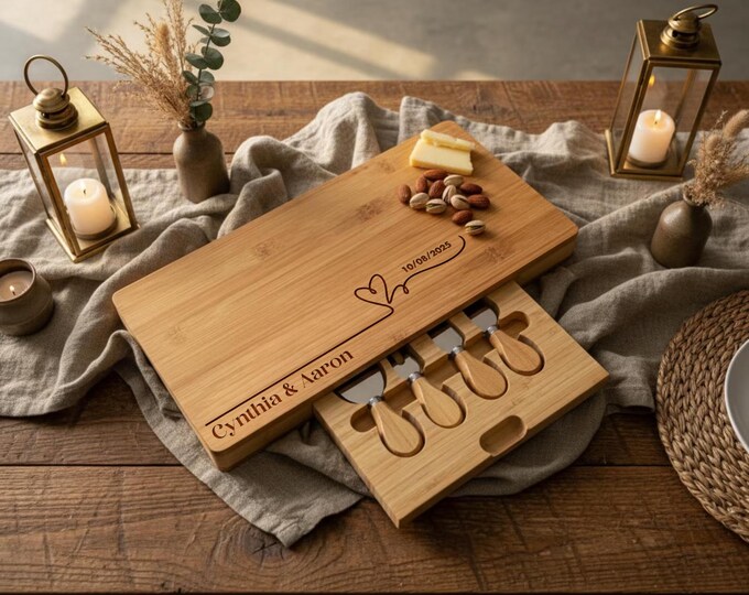 Personalized cheese board – Modern Heart Design, Custom Engraved Charcuterie Board, Ideal Housewarming, Wedding & Anniversary Gift