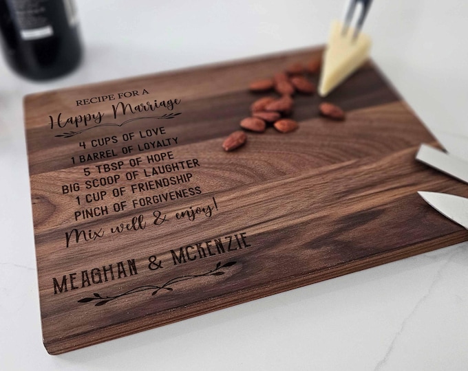 Personalized cutting board – "Recipe for a Happy Marriage": Custom Engraved Couples Gift, Wedding & Anniversary Kitchen Decor