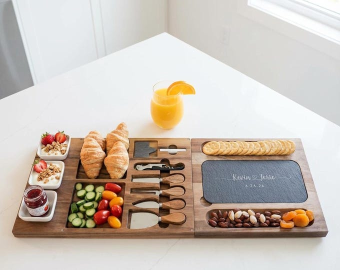 Personalized Acacia Charcuterie Board with 3 Bowls, Custom Engraved Slate Cheese Board Set, Wedding Gift