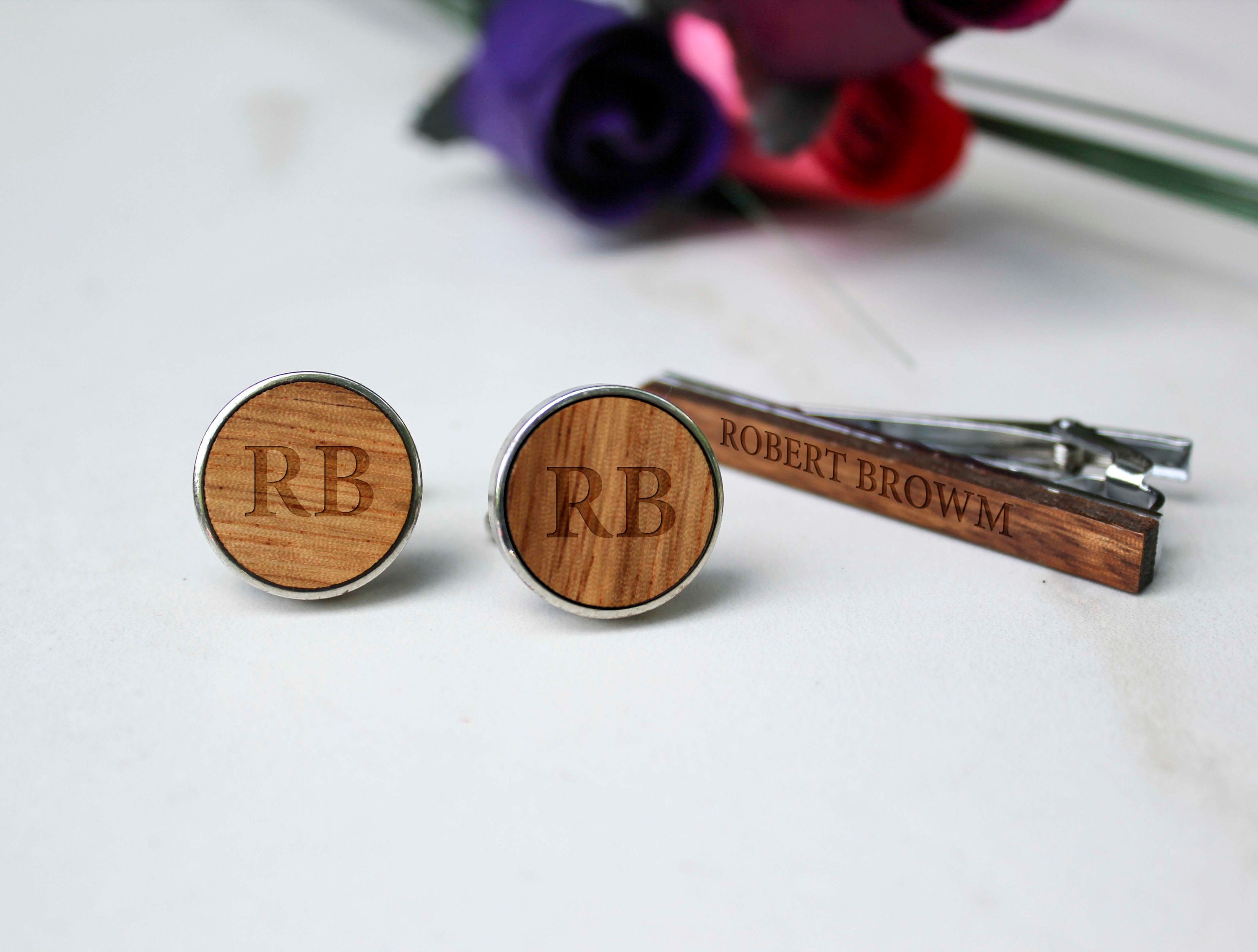 Set of 7 Personalized CuffLinks and tie clips, Wooden CuffLinks, Custom