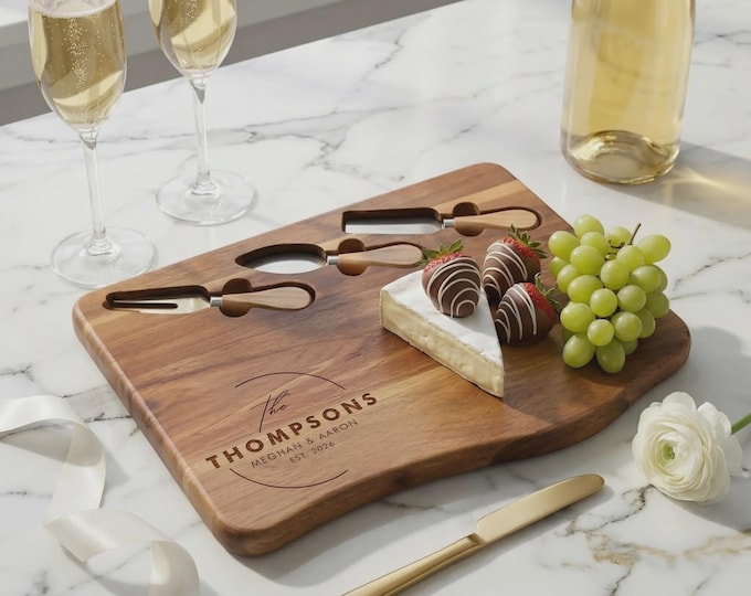 Personalized Acacia Charcuterie Board with Knife Set, Custom Engraved Wedding Gift for Couple
