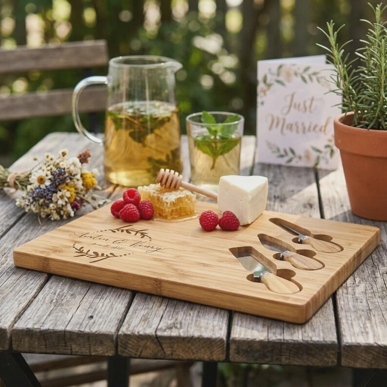Personalized Bamboo Cheese Board Set, Custom Engraved Charcuterie Platter, Wedding gift image 6