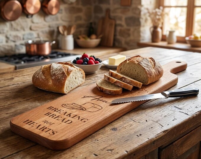 Personalized Bread Board with Handle | "Breaking Bread Not Hearts" Serving Paddle & Sourdough Baker Gift