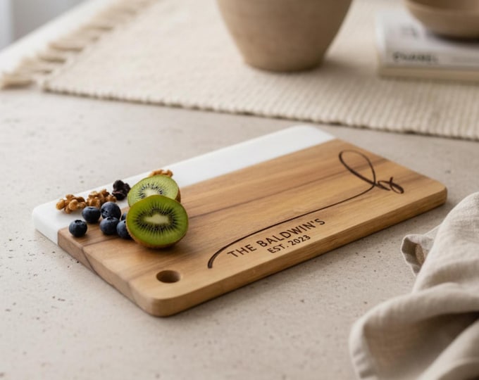 Monogrammed Wood and Marble Charcuterie Board: Custom Engraved Gift For The Couple