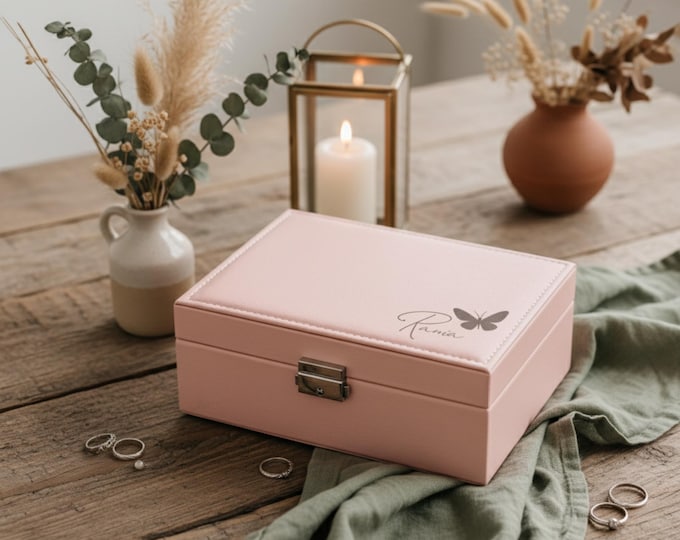 Personalized Faux Leather Jewelry Box: Butterfly, Custom Engraved Jewelry Organizer - Mother's Day, Daughter, Wife, Grandma, Christmas Gift
