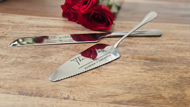 Personalized Wedding Cake Knife and Server Set: Laser Engraved with Four Color Options, Custom knife and server set, wedding gift image 1