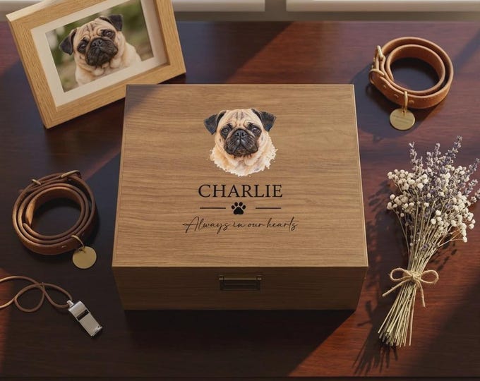 Personalized Wood Pet Memorial Box, Custom Watercolor Photo Print and Laser Engraved Name