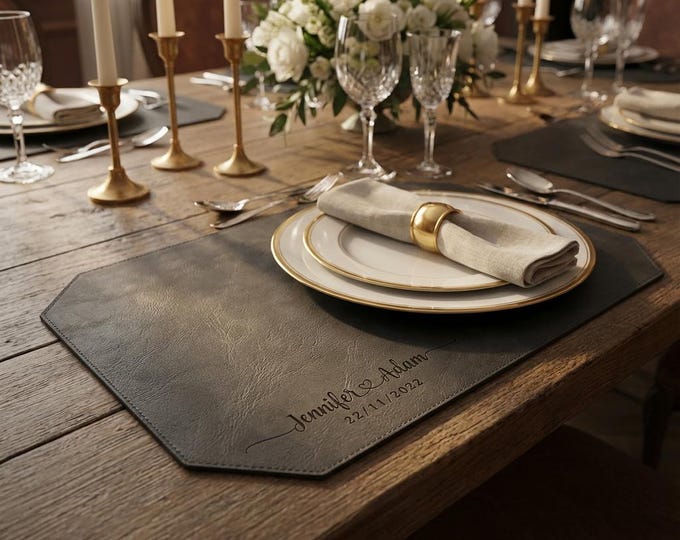 Personalized Leatherette Placemats, Custom Engraved Faux Leather Table Mats with Names