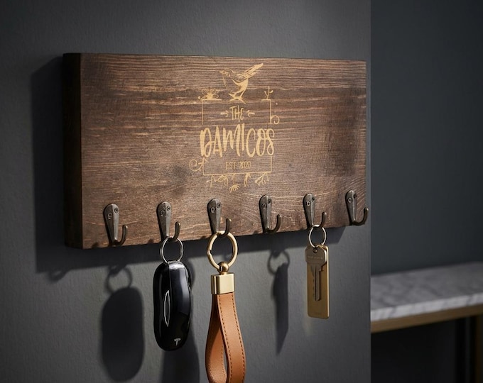 Personalized Wood Key Hanger, Custom Engraved Wall Key Holder with 6 Hooks