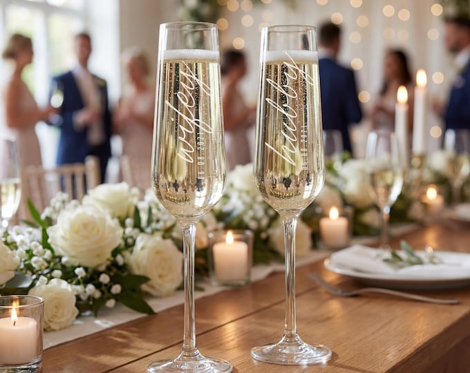 Personalized set of 2 Champagne Glass, Champagne flutes, Mr and Mrs Champagne glasses, Engraved Glass, Monogram Champagne Glass