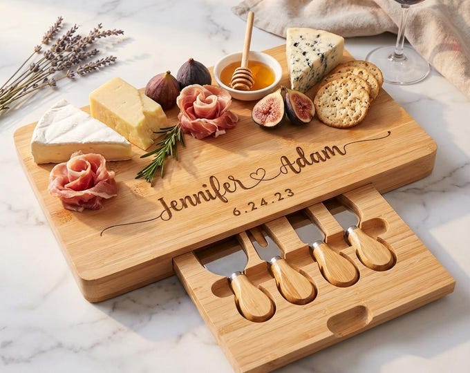 Personalized Cheese Board Set with Knives | Custom Bamboo Charcuterie Platter & Romantic Wedding Gift for Couple