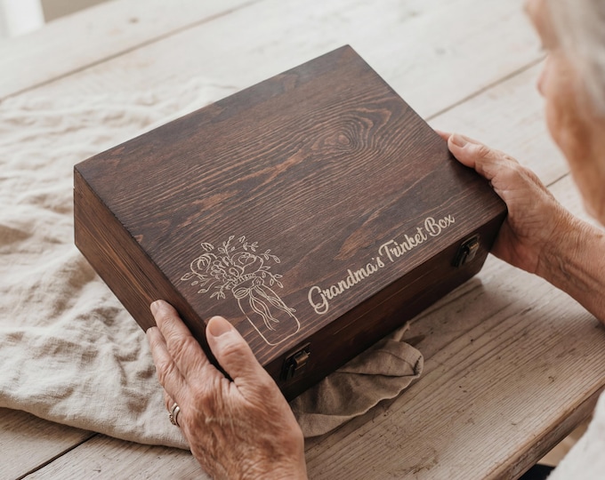 Personalized Floral Engraved Wooden Keepsake Box - Rustic Grandma Gift