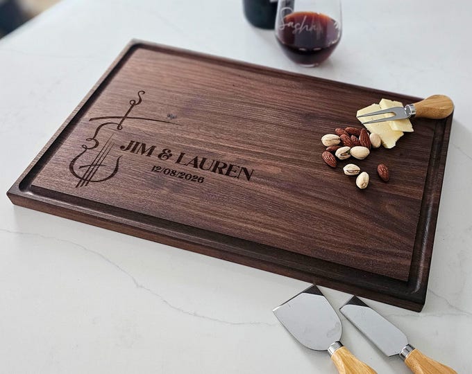Personalized Cutting Board – Violin Couple: Custom Engraved Charcuterie Board | Music-Loving Couples - Wedding, Anniversary, Engagement Gift