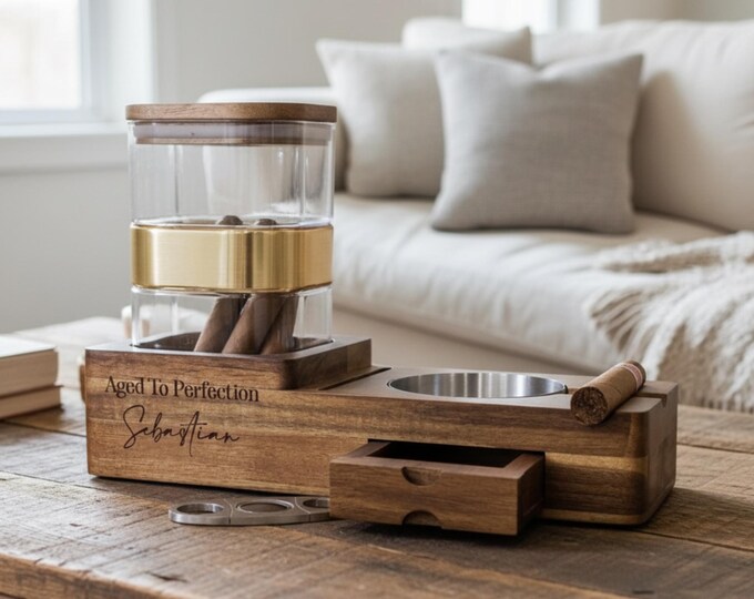 Personalized Cigar Ashtray and Humidor Set - Aged to perfection: Customized Smoking Accessories Gift for Husband, Father, Colleague