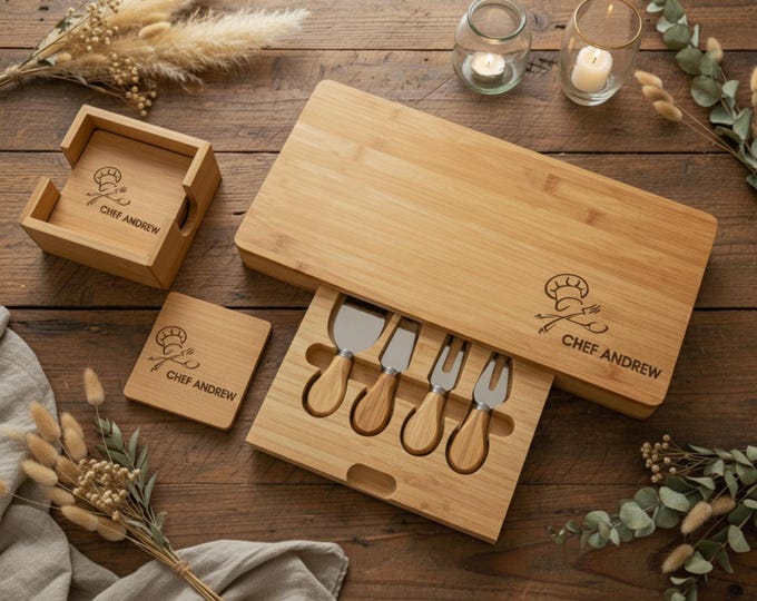 Personalized Bamboo Charcuterie Board Set – Chef Board: Custom Engraved Cheese Board, Gift for Dad, Husband or Boyfriend