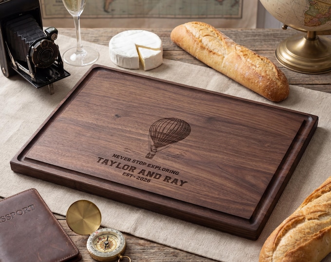 Travel Couple Gift | Personalized Cutting Board & "Never Stop Exploring" Wedding Present