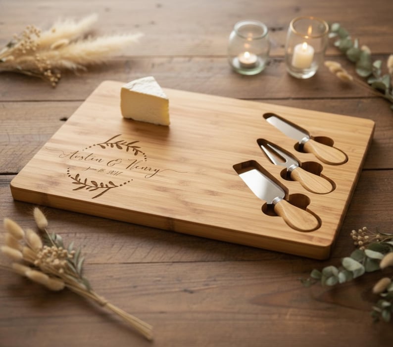 Personalized Bamboo Cheese Board Set, Custom Engraved Charcuterie Platter, Wedding gift image 16