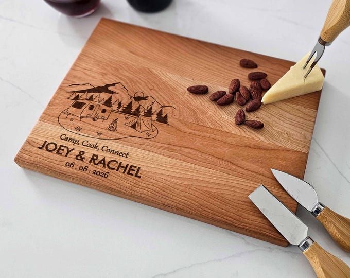 Personalized Charcuterie Board – Camping Couple: Custom Cutting Board | Outdoors, Mountains, Camp Life, Trailer, RV Living, Anniversary Gift