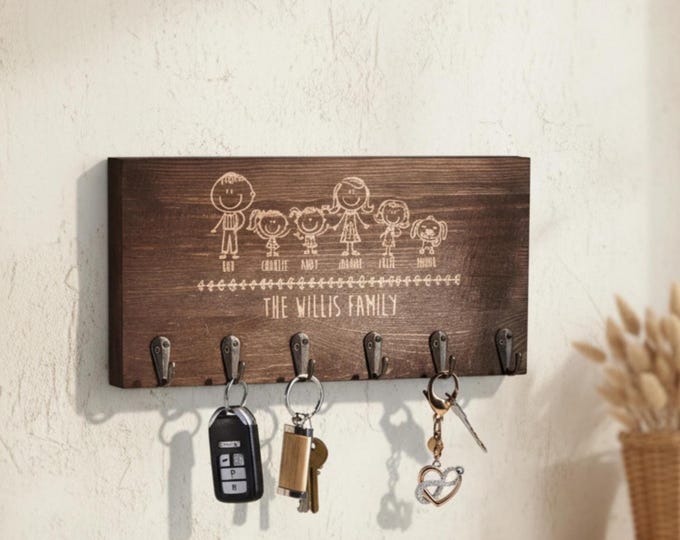 Personalized Comic Family Key Hanger: Engraved Rustic Home Decor