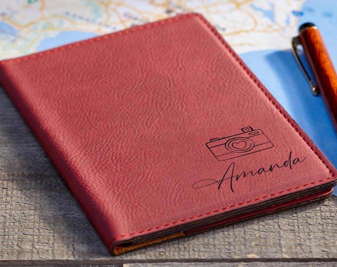 Cutom passport cover - Picture Perfect: Personalized Vegan Leather Passport Holder with Camera Design, Perfect Gift for Him & Her