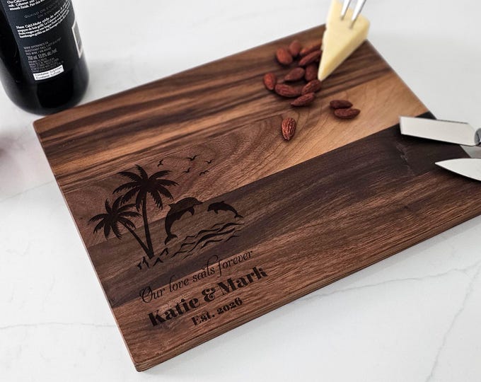 Personalized Cutting Board – Beach Themed: Custom Engraved Charcuterie Board, Ocean, Palm Trees, Dolphins Swimming, Beach House Gift