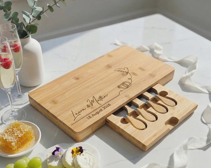 Personalized Bamboo Charcuterie Board with Knife Set, Custom Dove Engraved Wedding Gift for Couple