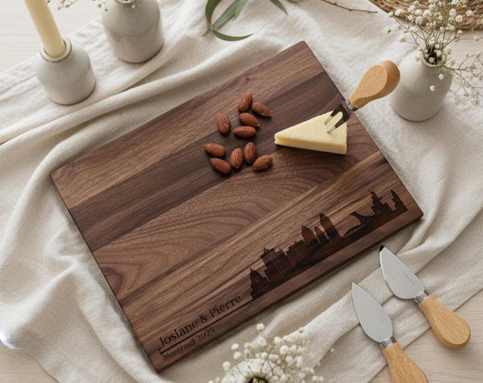 Personalized cutting board, Montreal Skyline: Custom Engraved Charcuterie Board, Couples Gift, Wedding Gift, Housewarming Gift