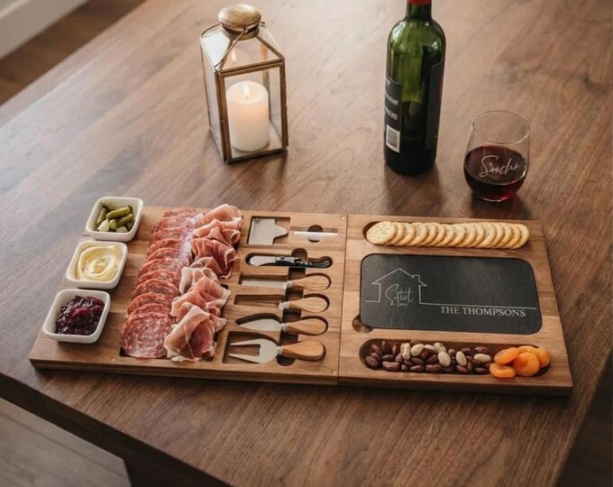 Home Sweet Home Gift | Personalized Charcuterie Board Set & Slate Cheese Platter with Bowls