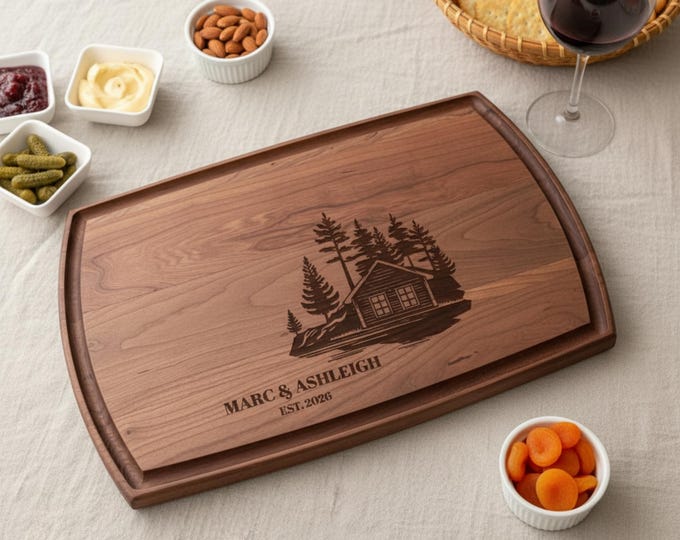 Personalized Charcuterie Board – Cabin Couple: Custom Cutting Board | Lake Life, Forest, Housewarming, Wedding, Engagement, Anniversary Gift