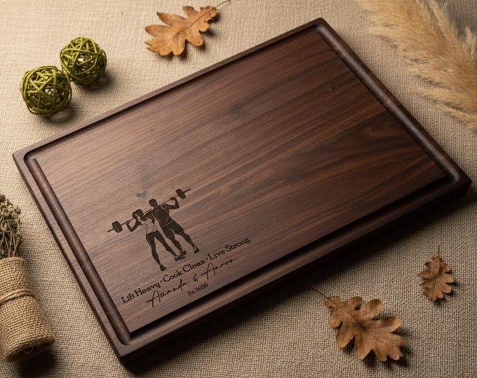 Personalized Cutting Board – Healthy Couple: Custom Engraved Charcuterie Board, Weightlifting, Workout, Gym, Body Builder, Kitchen Gift