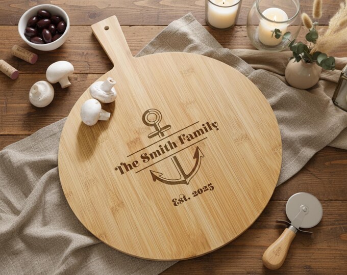 Personalized Bamboo Pizza Board – Custom Engraved Coastal Kitchen Decor, Wedding, Housewarming, Engagement Gift