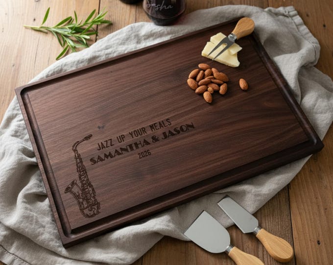 Personalized Cutting Board, Jazz: Custom Engraved Charcuterie Board, Saxophone Theme, Couples Gift, Housewarming Gift, Engagement Gift