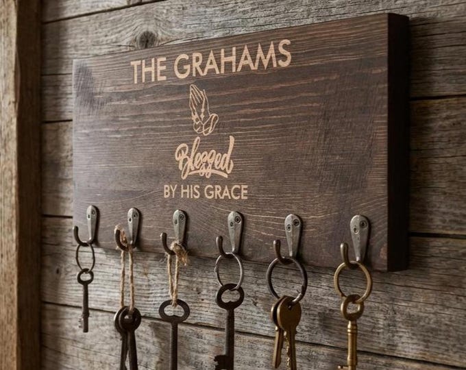 Personalized Christian Wood Key Holder, Custom Blessed By His Grace Wall Key Rack with 6 Hooks