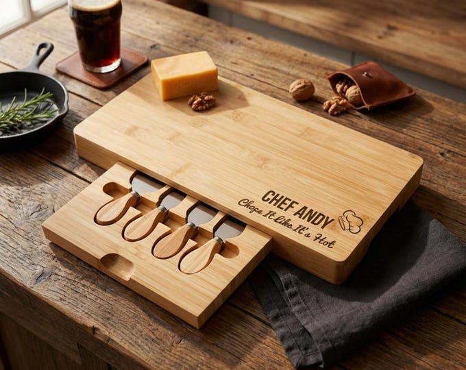 Personalized Chef Cutting Board Set | Custom "Chops It Like It's Hot" Bamboo Cheese Platter & Funny Gift for Dad