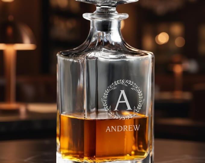Personalized Whiskey Decanter, Custom Engraved Decanter In a Wooden Box, Monogrammed Scotch decanter: Husband, Retirement, Groomsmen Gift