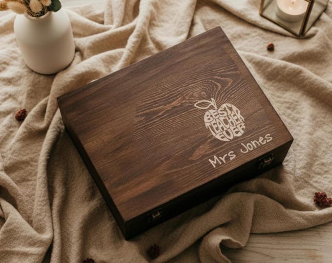 Personalized Wooden Teacher Keepsake Box: Rustic Engraved Apple Design