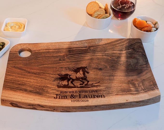 Personalized Live Edge Cutting Board - Couple & Horse - Rustic Custom Engraved Charcuterie Board: Wedding, Anniversary, Engagement Gift