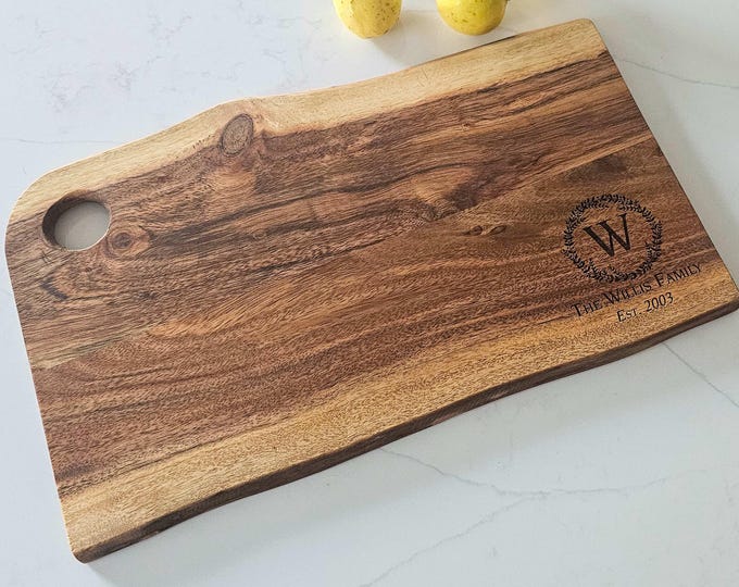 Personalized live edge cutting board - Rustic Custom Engraved Charcuterie Board: Couples, Monogrammed, Housewarming, Wedding, Christmas Gift