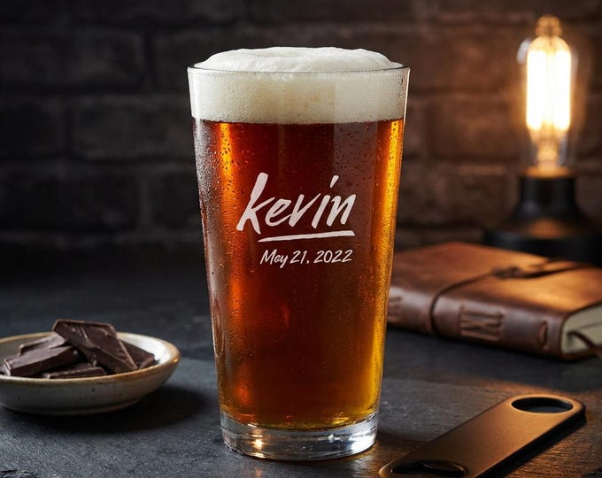 Personalized 16oz Pint Glass, Custom Engraved Name & Date, Dad Gift, Husband/Boyfriend Gift, Groomsman Pint