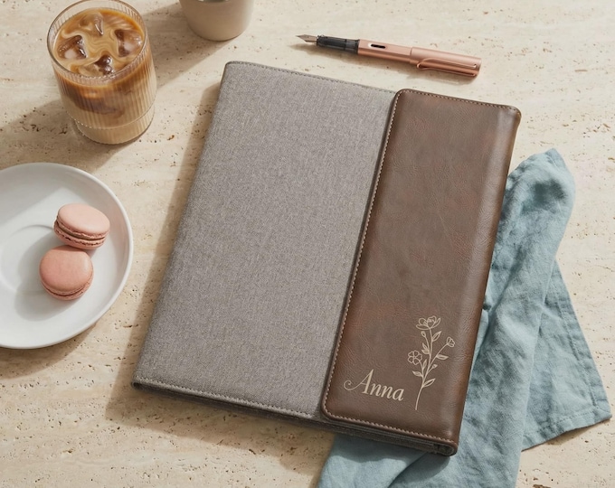 Personalized Floral Vegan Leather Portfolio, Custom Professional Gift For Her